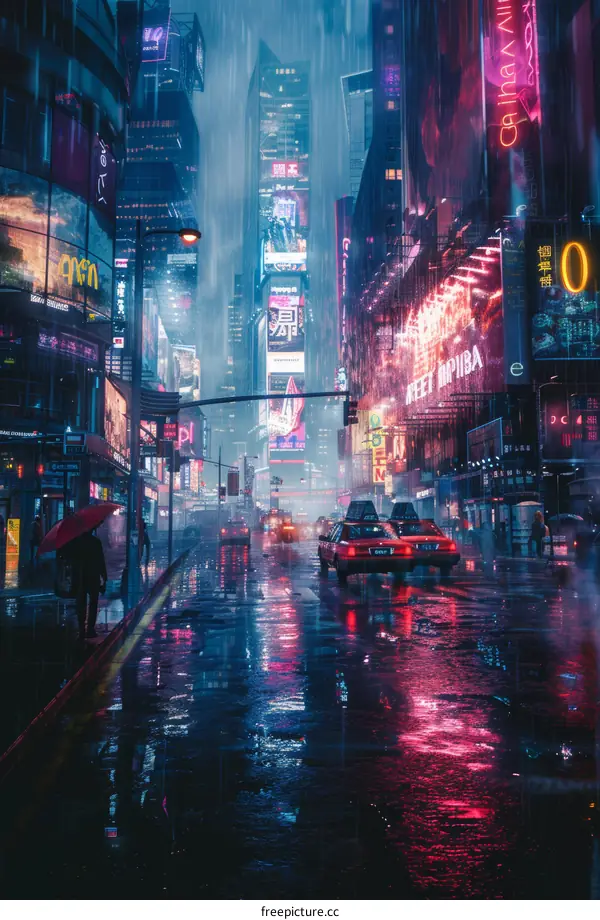 Rainy Cyberpunk City Street Scene with People