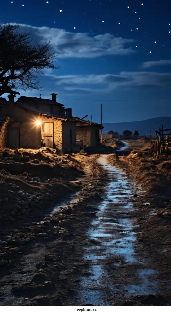 Illuminated rural road at night