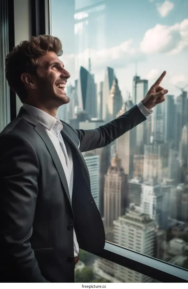 Businessman in suit looking at cityscape through office window and pointing at something