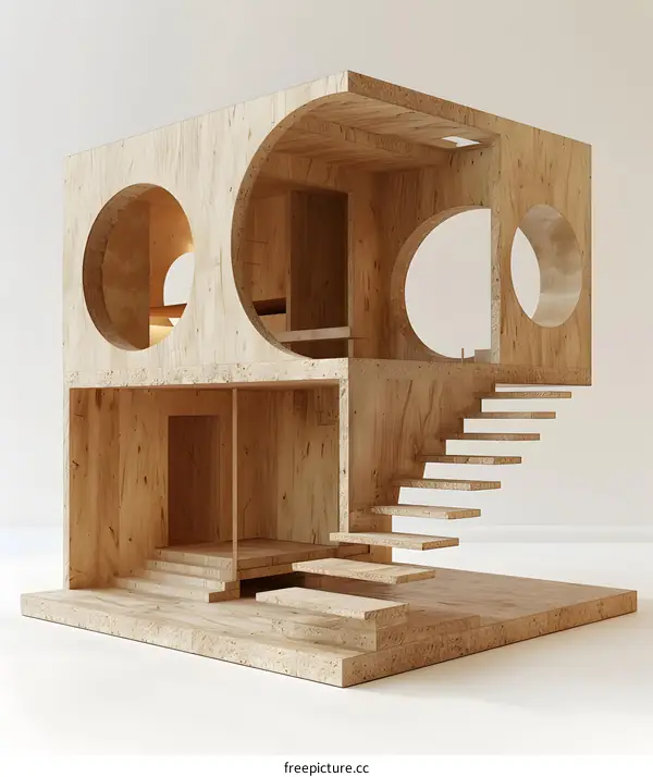Wooden Miniature House with Circular Windows and Stairs