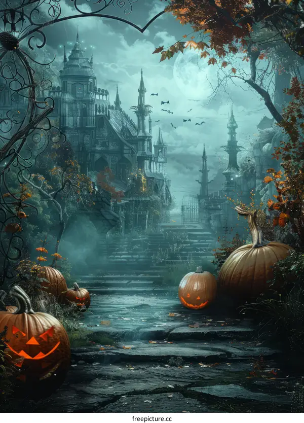 Spooky castle with pumpkins in the foreground