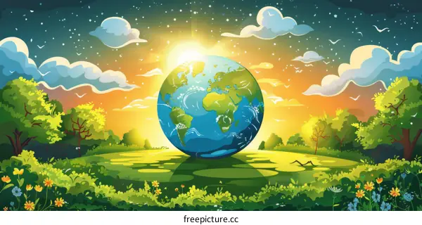 Beautiful Earth illustration with green field, blue sky and sunset