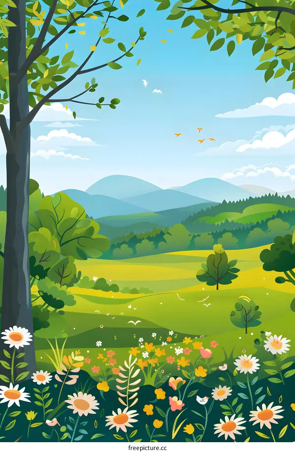 Summer Meadow Landscape Illustration with Green Hills and Daisies