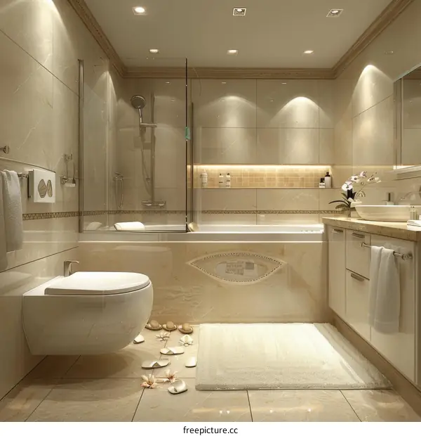 Lavish bathroom interior with marble walls and golden accents