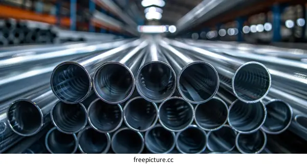 Stacked Galvanized Steel Pipes in Warehouse
