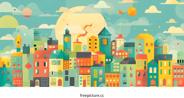 Colorful Cityscape Illustration with Buildings and Sky