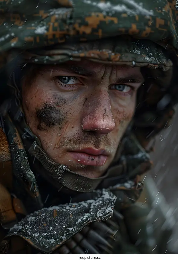Portrait of a soldier in the snow