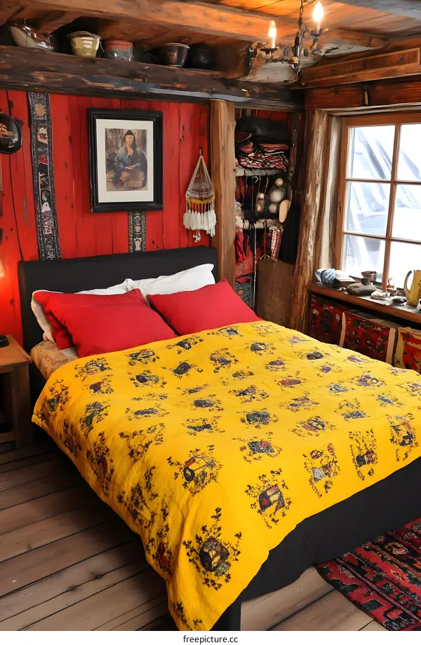 Rustic Cabin Bedroom with Yellow Quilt and Wooden Beams