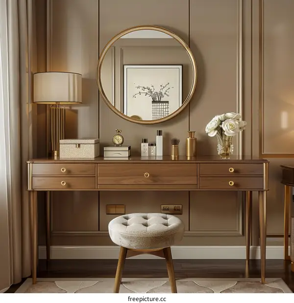 Vanity Table with Mirror, Lamp, and Flowers