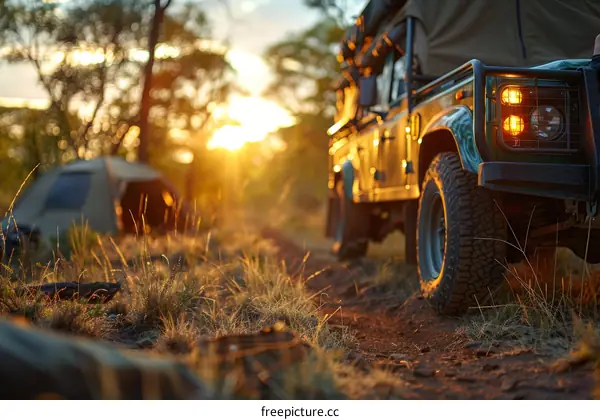 Off-road vehicle parked next to a tent in the wilderness at sunset