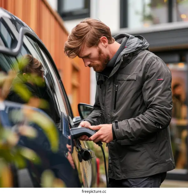 Man in a green jacket is plugging in his electric car
