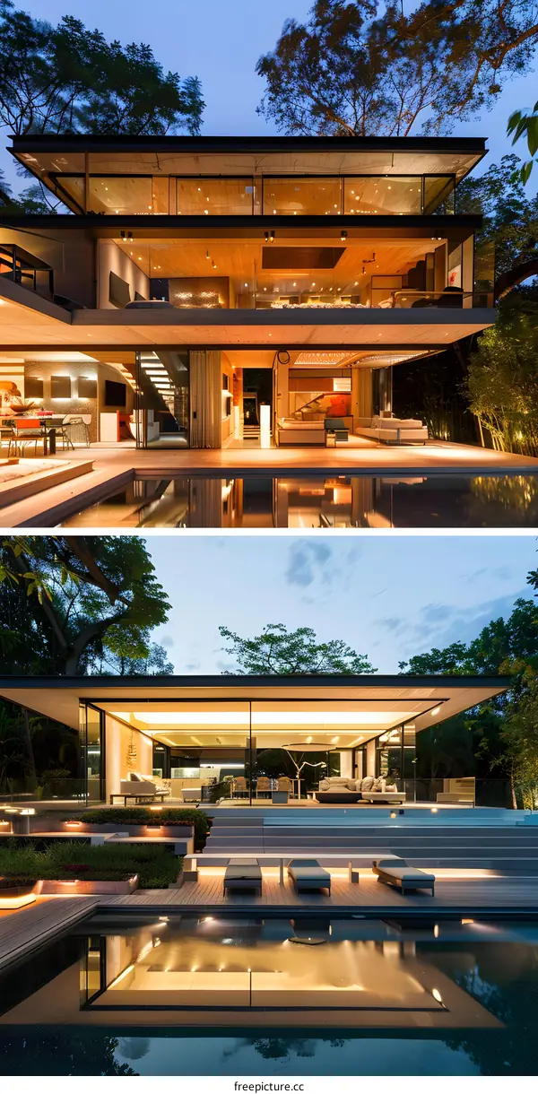 Modern House With Swimming Pool And Garden At Night