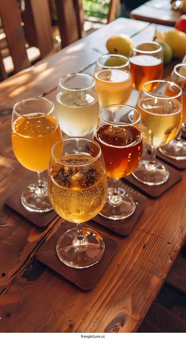 Tasting Flight of Different Kinds of Cider in Glasses on Wooden Table