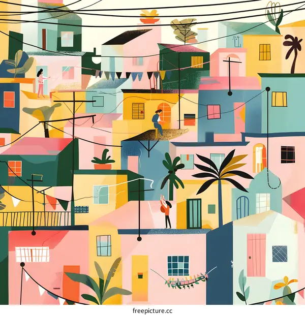 Colorful Illustration of a Town with People and Buildings