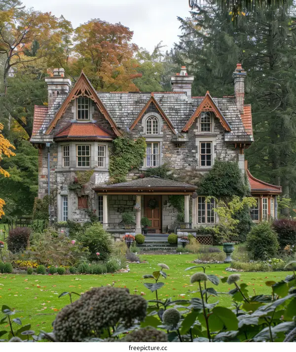 Stone and Wood Cottage Surrounded by Autumn Foliage