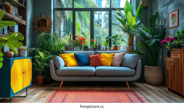 Colorful Living Room with Plants and Sofa