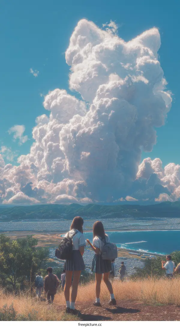 Two Asian Girls in Uniform on Scenic Mountain Overlooking Sea and Huge Cloud