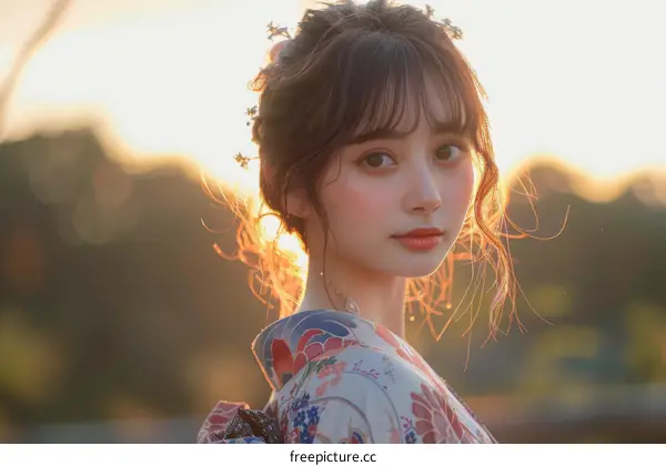 Asian Woman in Kimono at Sunset