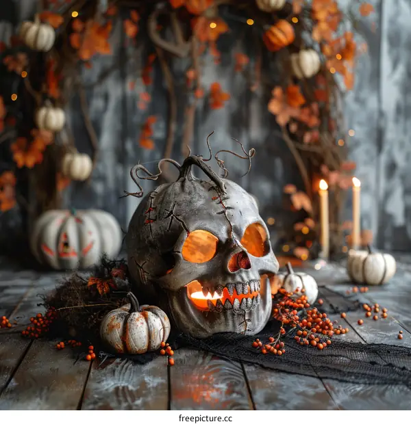 Halloween Pumpkin Skull with Candles and Red Berries