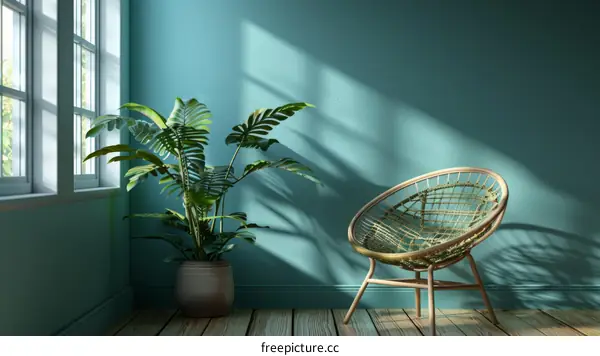 Modern Living Room with Monstera Plant and Wicker Chair