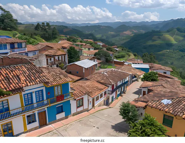 Colorful Houses In A Hilltop Town In Colombia