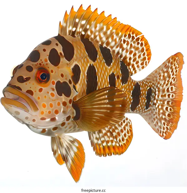 A red and orange fish with black spots on a white background
