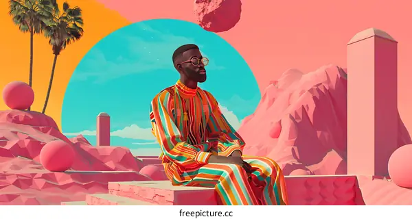 Man in Colorful Clothing Sitting in Geometric Landscape