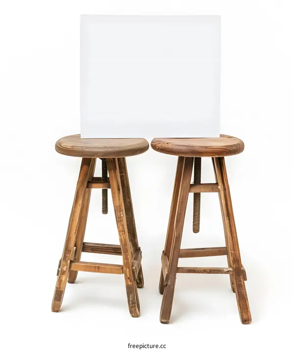 Two Wooden Stools with Blank White Canvas