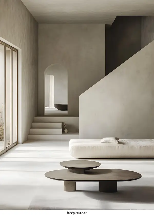 Minimalist Interior Design with Beige Walls and a Wooden Coffee Table