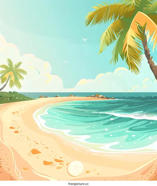 Tropical Beach Scene with Palm Trees and Blue Ocean