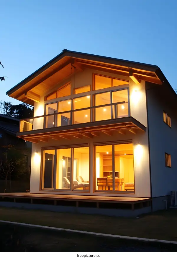 Modern Two Storey House with Wooden Beams and Large Windows