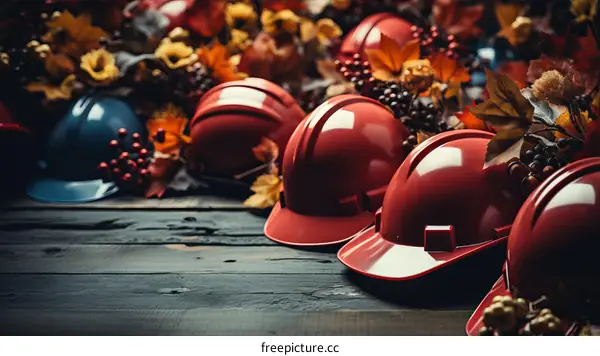 Red and blue hard hats with fall leaves
