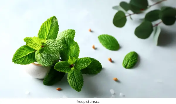 Fresh Mint Leaves on Light Pastel Background