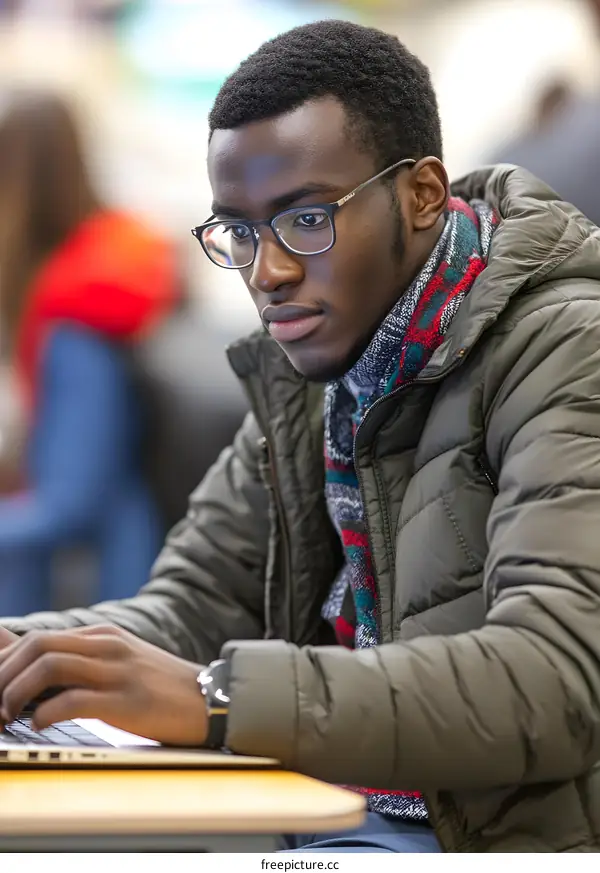 African American Male Student Using Laptop Computer