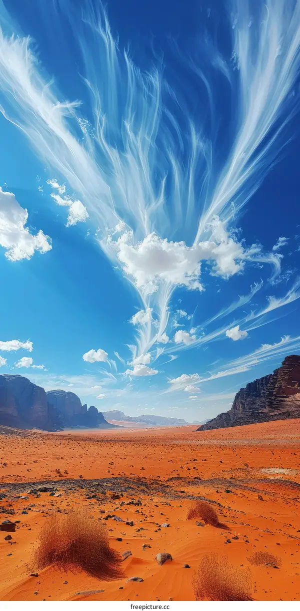 Dry and Beautiful Desert Landscape with Blue Sky and Clouds