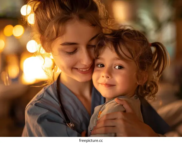Little girl hugging a smiling young female doctor