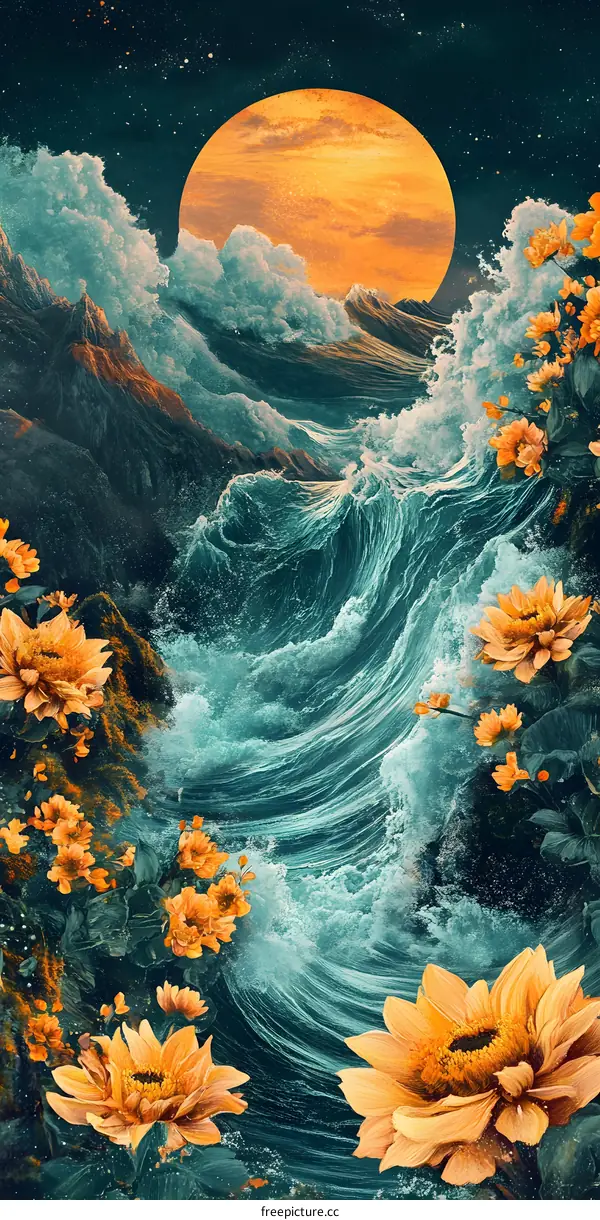 Ocean Waves and Sunflowers Illustration