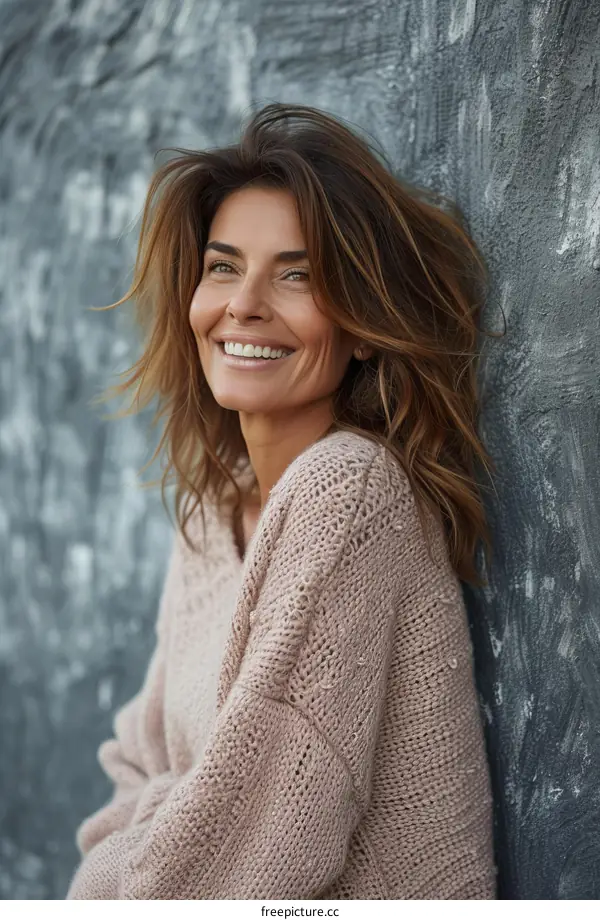 portrait of a smiling woman with brown hair wearing a pink sweater