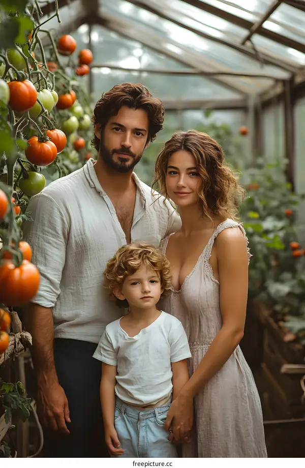 Family Portrait in Greenhouse with Tomato Plants