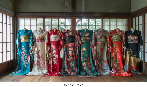 A variety of colorful kimono displayed in a room with wooden flooring and traditional障子 windows.
