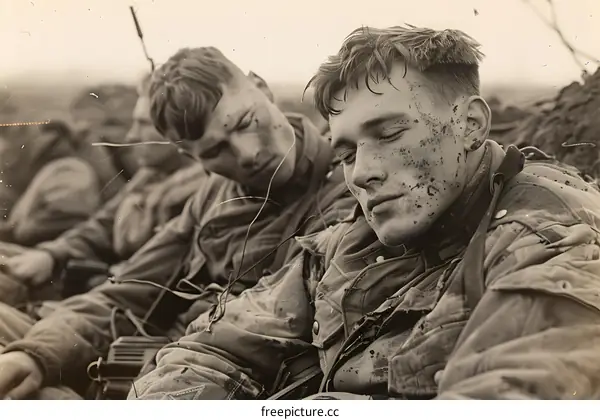 Two American soldiers sleeping in a foxhole during World War II.