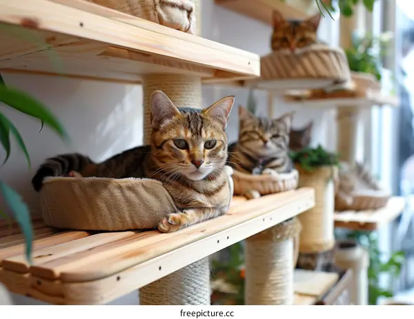 A group of cats relaxing on wooden shelves in a pet cafe
