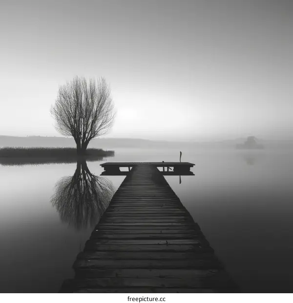 Black and White Photo of a Calm Lake with a Wooden Dock and Tree Reflection