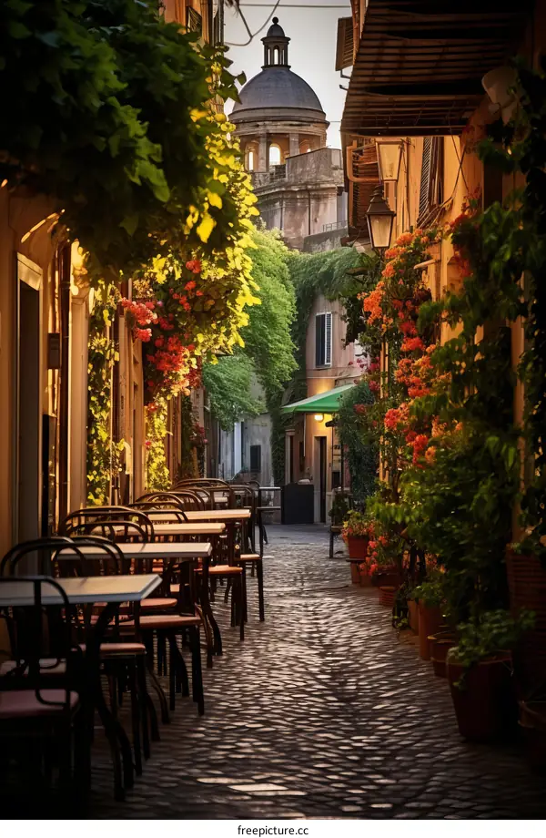 Charming narrow Italian street with outdoor dining