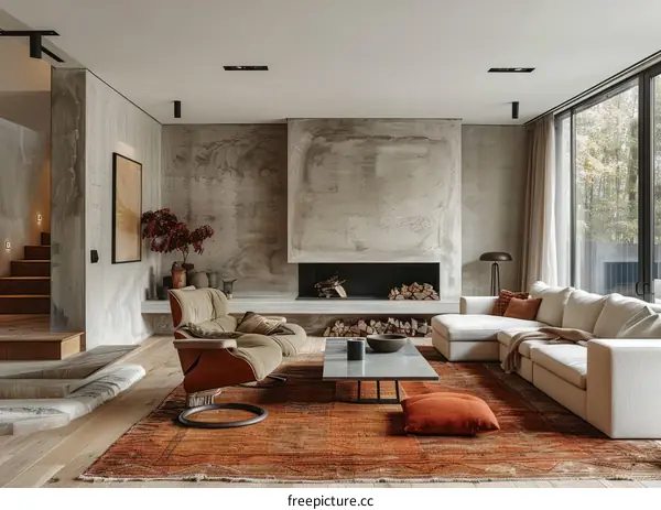 Modern living room interior design with fireplace, rug, coffee table, sofa and armchair