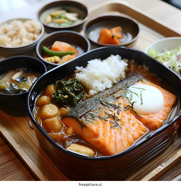 A delicious and healthy Japanese meal with salmon, rice, and vegetables