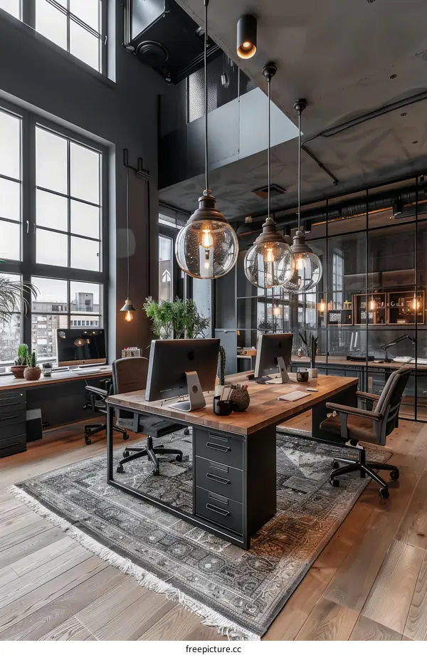 Modern office interior with large windows, wooden table, and stylish chairs