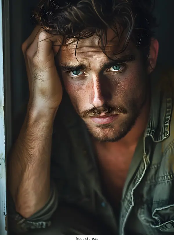 Portrait of a young man with green eyes and dark hair