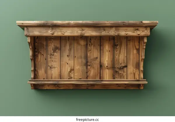 Rustic wooden shelf on a green background