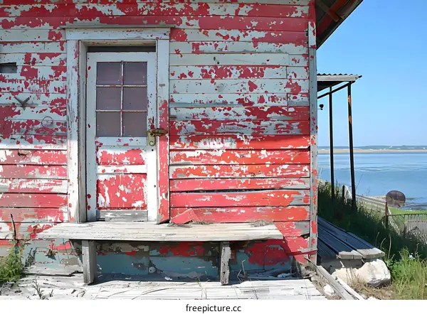 Red wooden house on the coast